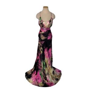 Camille La Vie Colorful Peacock Feather Print Beaded 100% Silk Dress Size 10